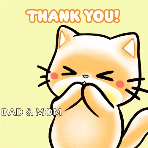a thank you card with a cat and hearts says dad & mom