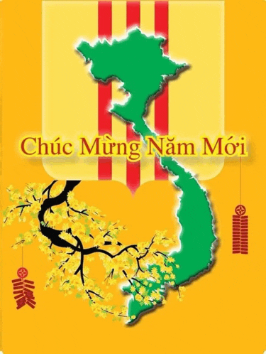 a green map of vietnam with yellow flowers and fireworks