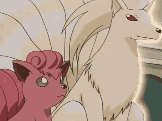 a pink pokemon and a white pokemon are standing next to each other .