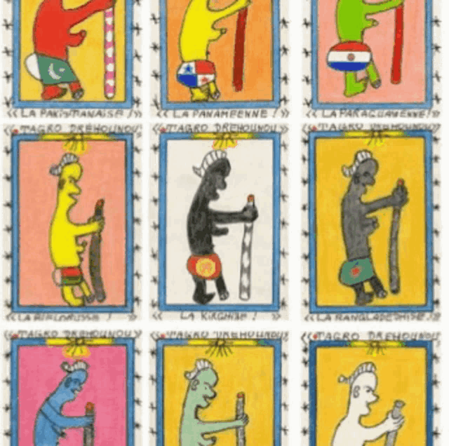 a drawing of a man holding a cane has the word la on the bottom