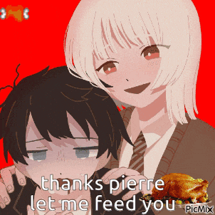 a cartoon of a boy and a girl with the words thanks pierre let me feed you