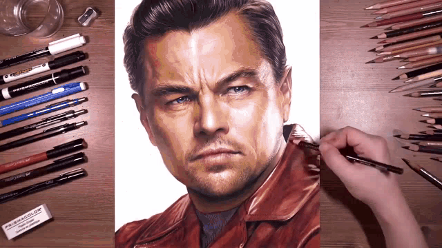 a drawing of leonardo dicaprio is surrounded by pencils