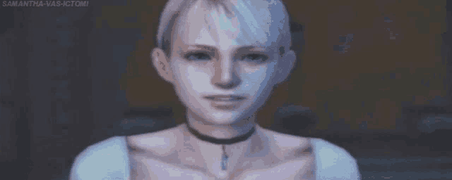 a close up of a woman 's face with a choker around her neck
