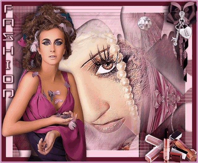 a woman in a purple dress is surrounded by cosmetics and the word fashion is on the bottom