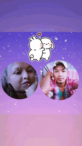 two pictures of a man and a woman on a purple background with a cartoon of two rabbits kissing each other