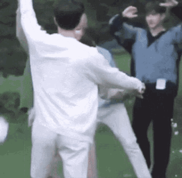 a group of people are standing on top of a lush green field and dancing .