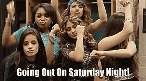 a group of women are dancing in a locker room with the words `` going out on saturday night '' .