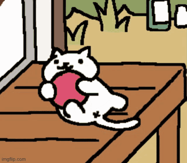 a cartoon of a white cat holding a pink heart