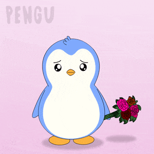 a penguin is holding a bouquet of roses with the word penguin behind it