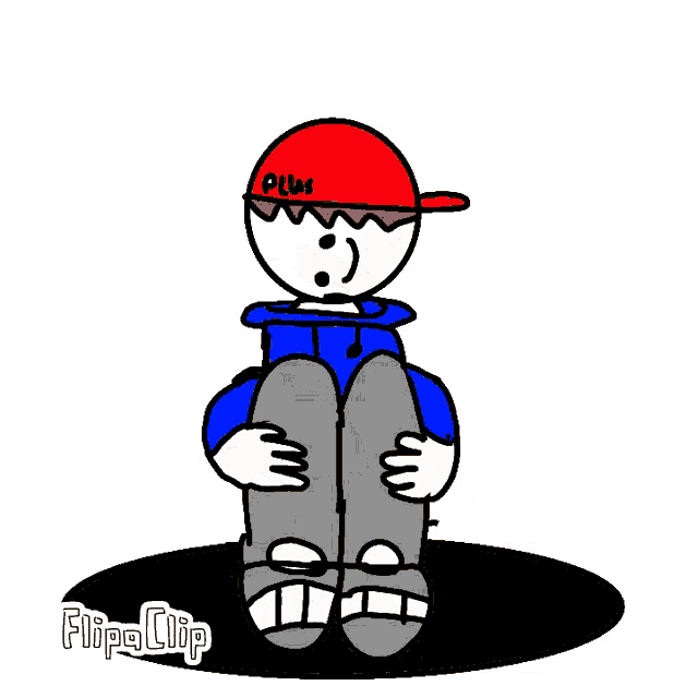 a cartoon of a boy in a red hat sitting in a hole