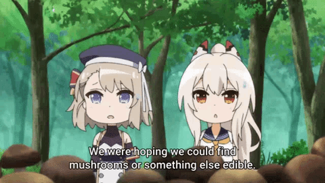 two anime girls are standing in the woods and one of them says we were hoping we could find mushrooms