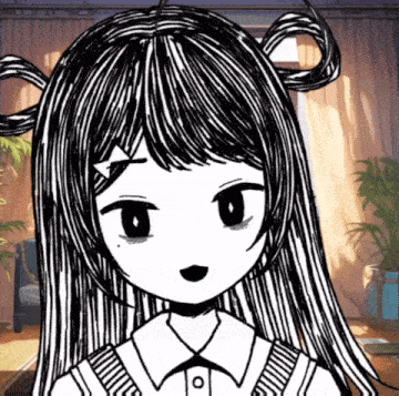 a black and white drawing of a girl with long hair and a collar
