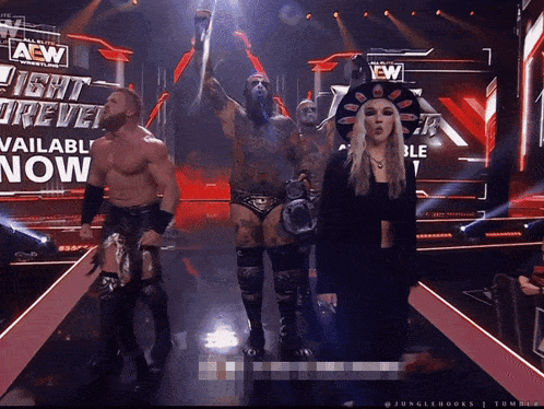 a group of wrestlers are standing on a stage with a sign that says aew
