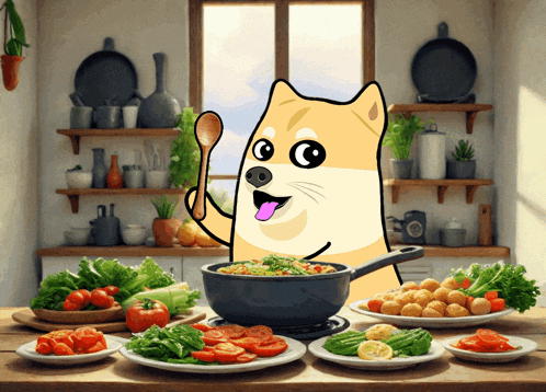 a doge is holding a wooden spoon over a pot of food in a kitchen