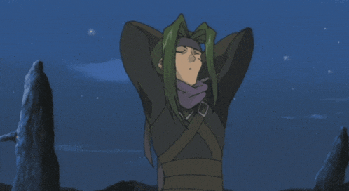 a cartoon character with green hair is standing in front of a mountain