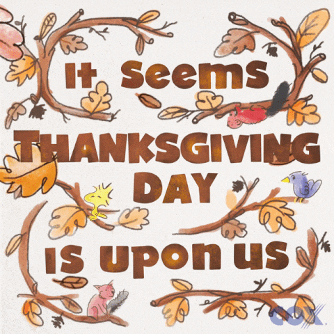 a drawing of a tree branch with leaves and the words it seems thanksgiving day is upon us