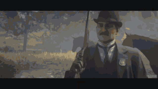 a man in a suit and hat is holding a gun in front of a horse in a video game .