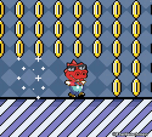 a pixel art of a cartoon character with the hashtag @thehenchmen at the bottom