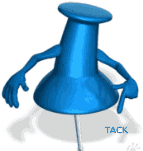 a blue pin with arms and hands and the word tack underneath