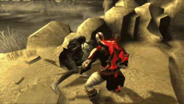 a video game character is fighting another character on a rocky hillside