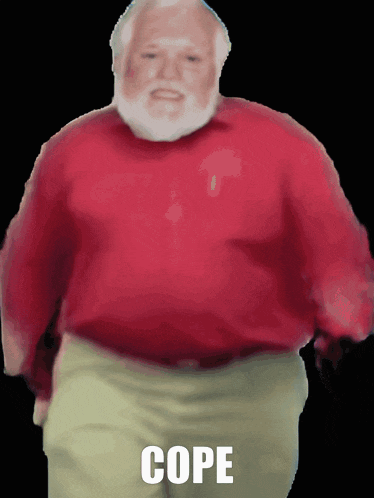 a man with a beard wearing a red shirt and khaki pants has the word cope on his pants