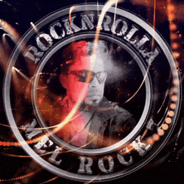 a picture of a man in a circle that says rock n roll on it