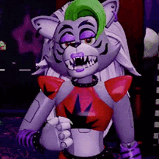 a cartoon character from five nights at freddy 's is standing in a room wearing a red and purple top .