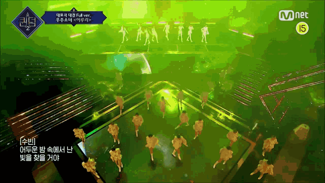 a group of people are dancing on a stage with a mnet logo in the corner