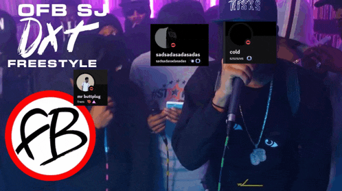a man holding a microphone in front of a crowd with the words ofb sj dxt freestyle