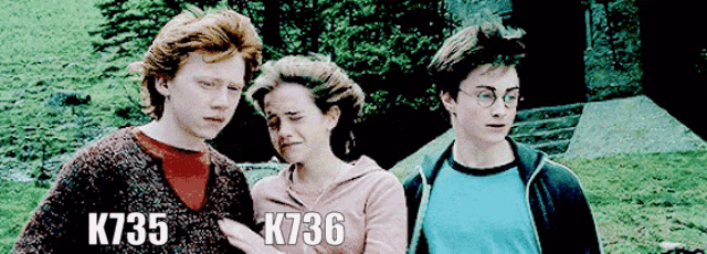 three harry potter characters are standing next to each other with k735 and k736 written on the bottom