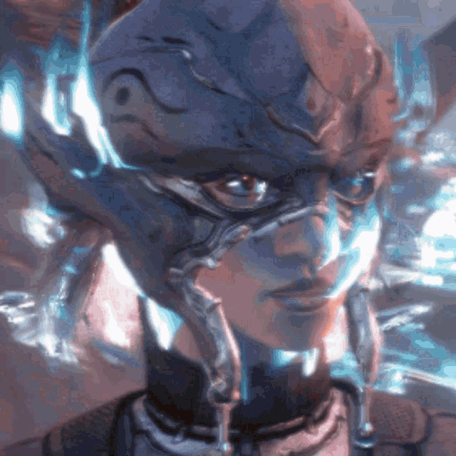 a close up of a person 's face with a purple helmet on