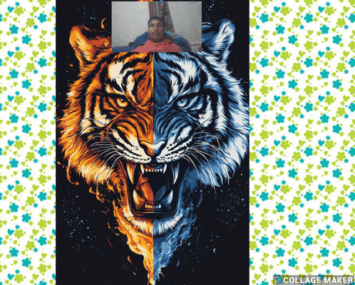 a picture of a tiger with the words collage maker on the bottom right