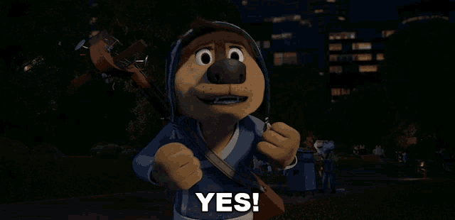 a cartoon dog holding a guitar and saying yes