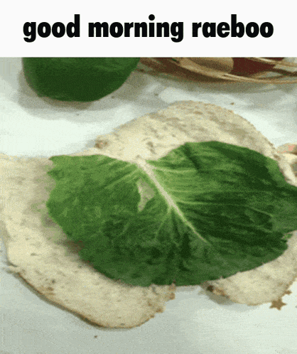 a sandwich with a leaf on it and the words good morning raeboo below it