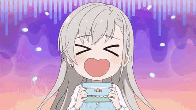 a girl with a heart shaped mouth is holding a game controller with the letter s on it
