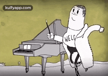 a cartoon of a man standing in front of a piano holding a wand and wearing a shirt that says welcome