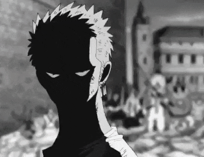 a black and white drawing of a cartoon character with a sword .