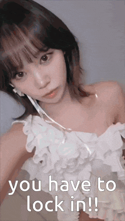 a girl in a white dress is taking a selfie with the words `` you have to lock in '' written below her .
