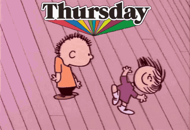 a cartoon of a boy and a girl with the word thursday on the top