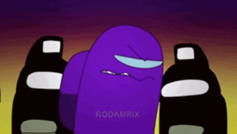 a purple among us character is standing next to two other characters .