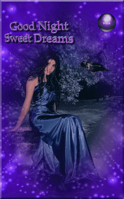 a woman in a blue dress is sitting on a rock with the words good night sweet dreams above her