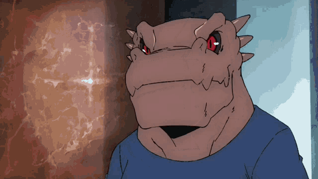 a cartoon character with red eyes and spikes on his head