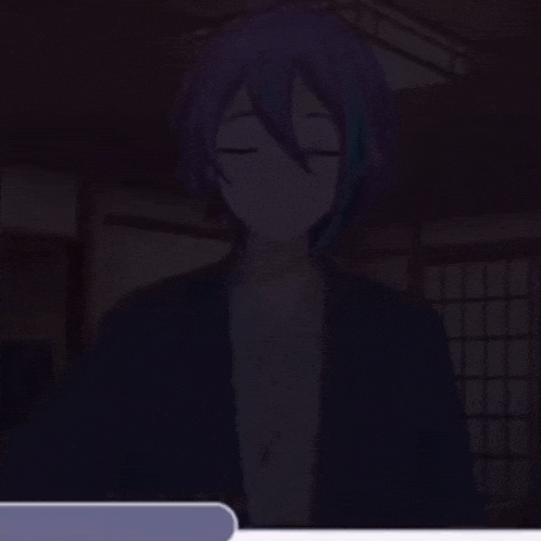 a man with purple hair is standing in a dark room with his eyes closed