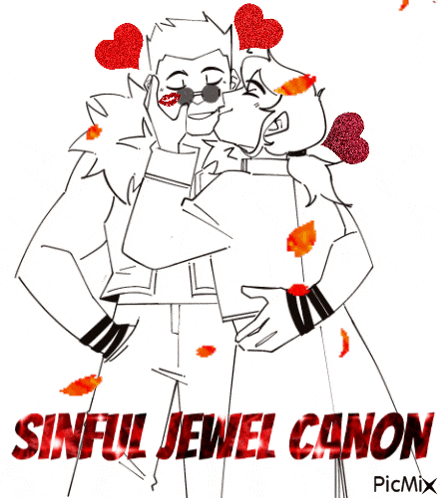 a black and white drawing of a man and a woman kissing with the words sinful jewel canon below them .