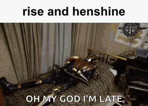 a superhero is laying on a bed with a sword in his hand and says `` oh my god i 'm late ''