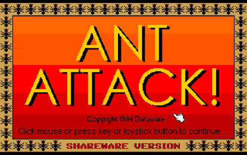 a computer screen that says ant attack copyright 1994 dataware click mouse or press key or joystick button to continue