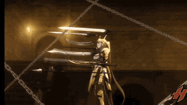a person holding a sword in a dark room with the letter h in the corner