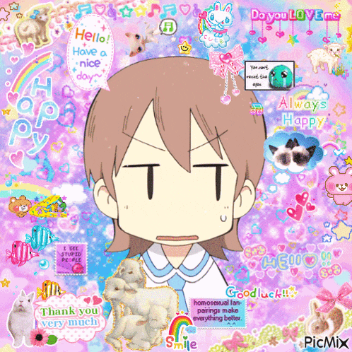 a girl with a t on her face is surrounded by stickers including one that says always happy