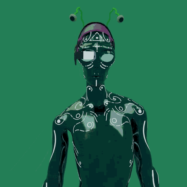 a cartoon character with a purple hat and green antennas