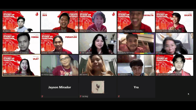 a group of people are on a video call with the name jayson mirador at the top